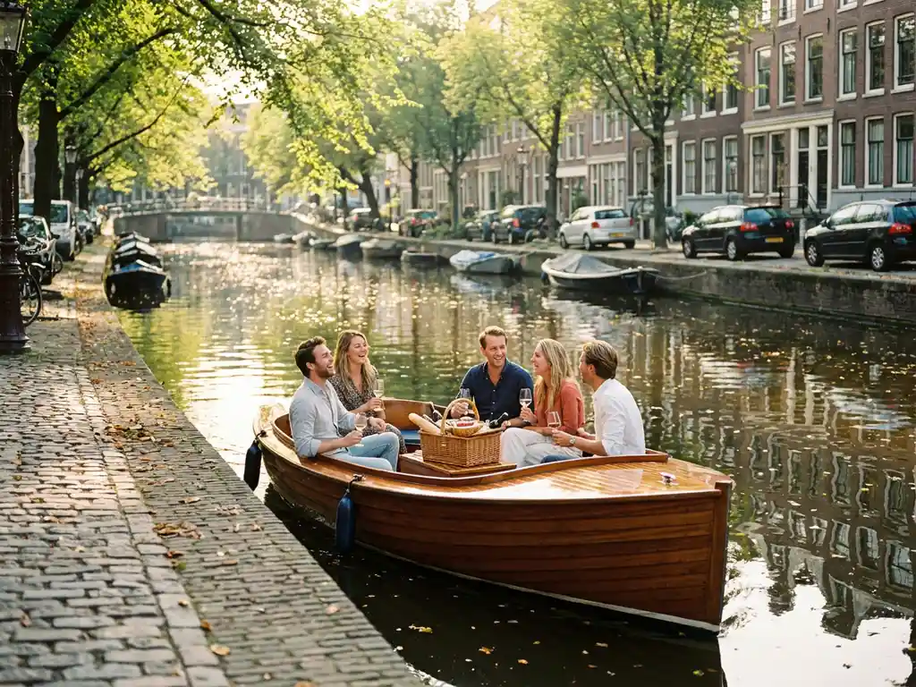 Elegante elektrische sloep vaart door smalle Amsterdamse gracht met vrienden die picknicken, historische grachtenpanden weerspiegeld in kalm water