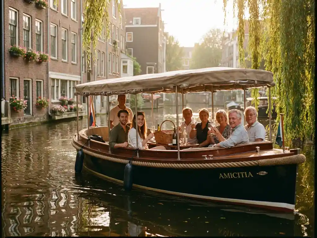 Elegante elektrische sloep vaart door smalle Amsterdamse gracht met vrienden aan boord, historische grachtenpanden weerspiegeld in water