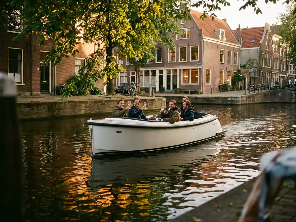 Witte elektrische sloep vaart door smalle Amsterdamse gracht met historische bakstenen huizen en vrienden op het dek