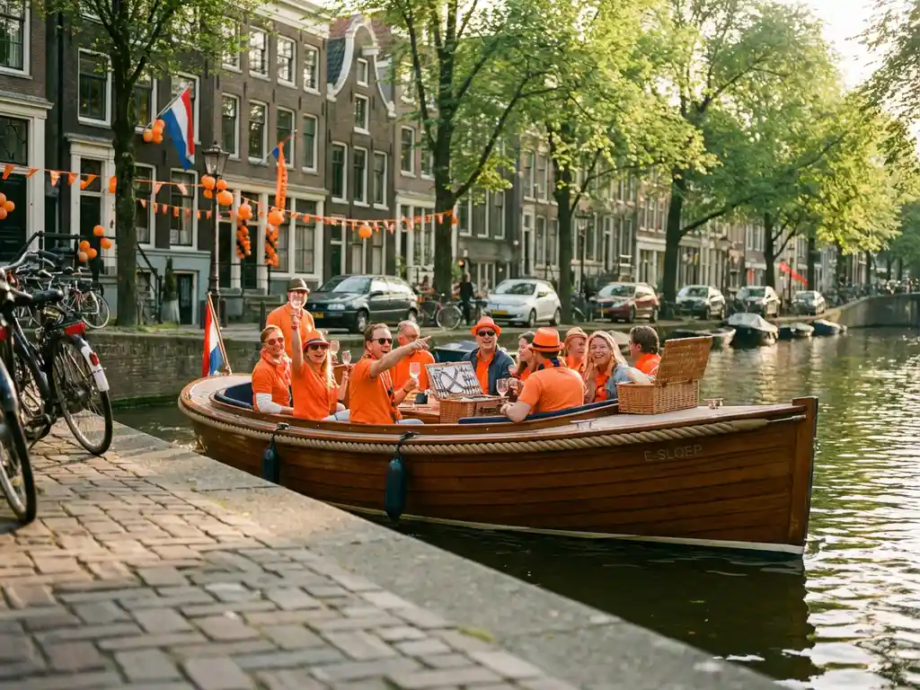 Elektrische sloep met passagiers in oranje Koningsdag-kleding vaart door Amsterdamse gracht met historische grachtenpanden