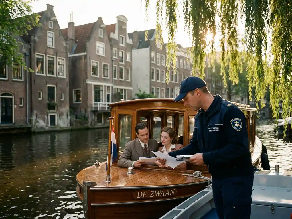 Havenpatrouille-agent controleert identiteitsbewijzen van passagiers op klassieke Nederlandse salonboot in Amsterdamse gracht