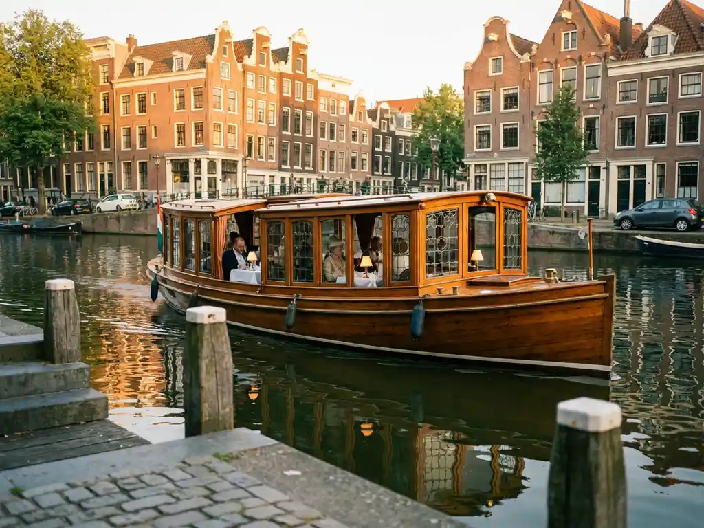 Historische salon tjalk uit 1910 vaart door smalle Amsterdamse gracht, gasten dineren in glazen salon, grachtenhuizen weerspiegelen in water