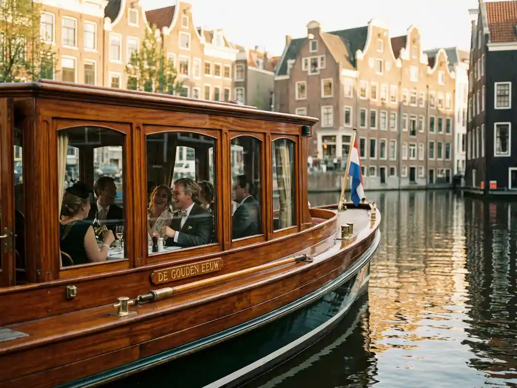 Klassieke overdekte Nederlandse salonboot uit 1910 vaart door Amsterdamse gracht met historische grachtenpanden