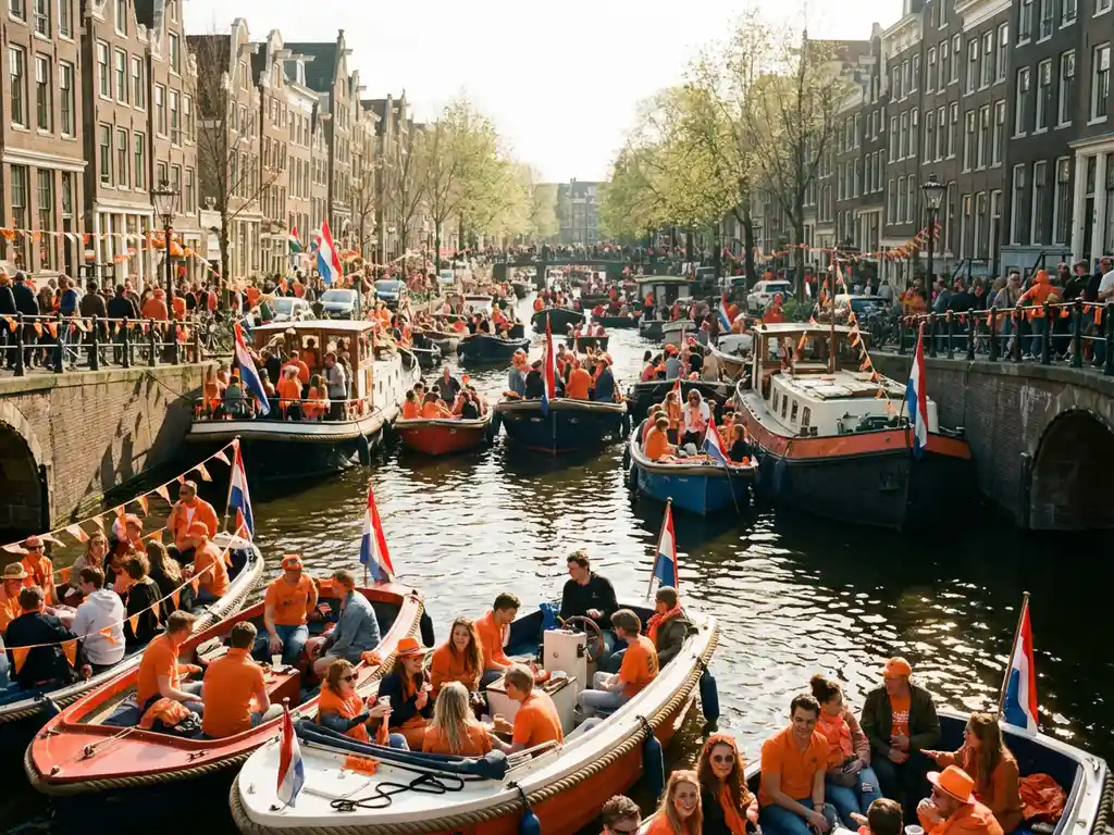 Drukke Amsterdamse gracht vol kleurrijke boten met oranje geklede passagiers tijdens Koningsdag festiviteiten