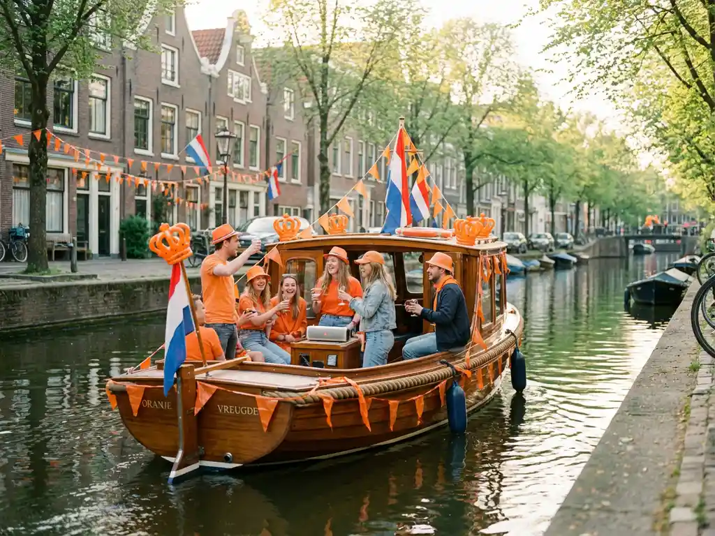 Elegante elektrische sloep met vrienden die Koningsdag vieren op Amsterdamse gracht, oranje versieringen en Nederlandse vlaggen
