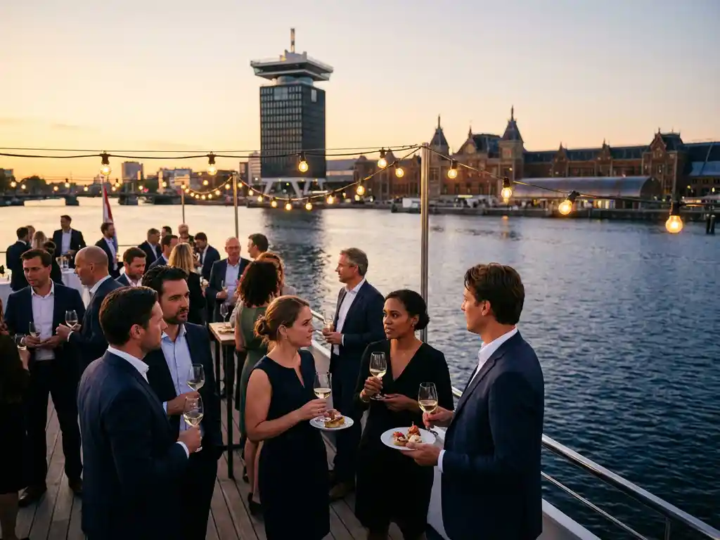 Luxe evenementschip met zakelijke receptie op open dek, diverse executives netwerken bij zonsondergang met A'DAM Tower en Amsterdam IJ op achtergrond