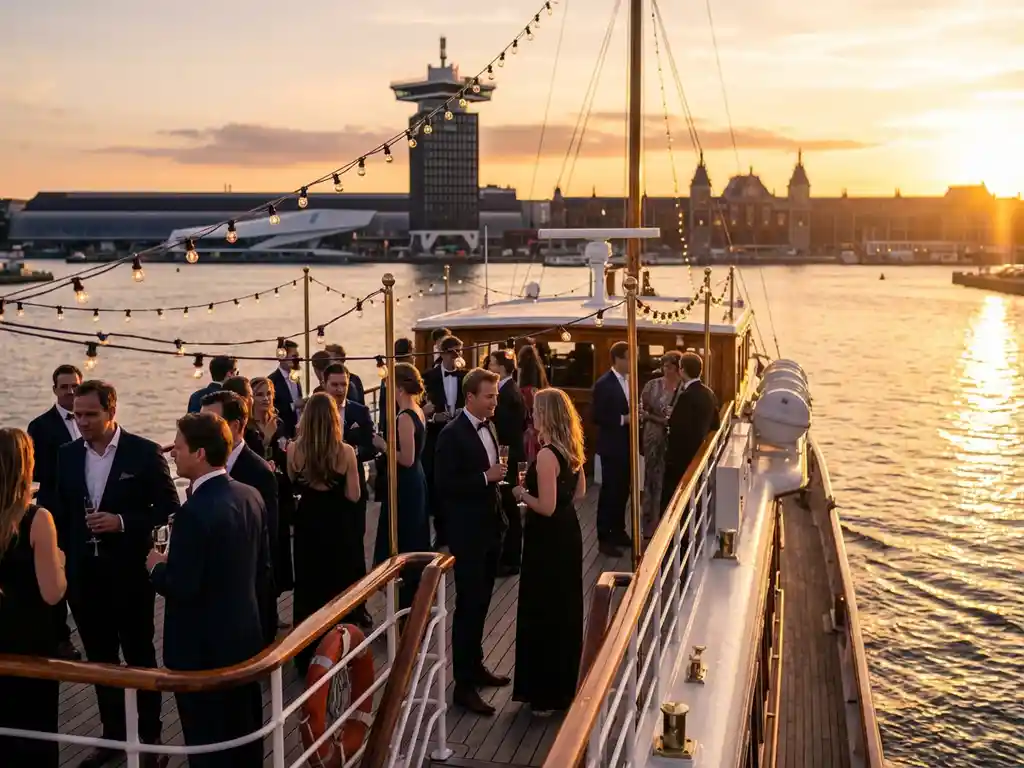 Luxe evenementenschip met zakelijke gasten op het IJ tijdens zonsondergang met Amsterdam skyline op achtergrond