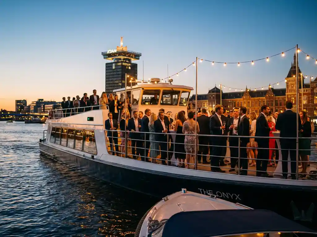 Luxe evenementenboot met elegante gasten op het bovendek tijdens productlancering, Amsterdam skyline met A'DAM Toren op achtergrond