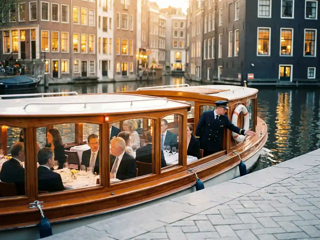 Luxe salonboot vaart door Amsterdamse gracht tijdens gouden uur, gasten dineren aan boord terwijl bemanning veiligheidsuitrusting controleert