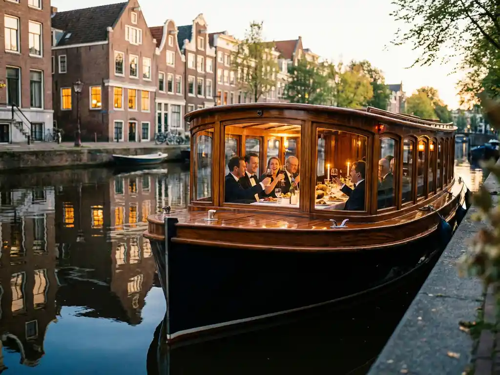 Luxe overdekte salon tjalk uit 1910 vaart door rustige Amsterdamse grachten, gasten dineren achter grote ramen, historische grachtenpanden weerspiegelen in het water