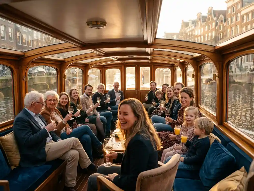 Luxe salonboot vaart door Amsterdamse grachten met familie op overdekt dek, historische grachtenpanden weerspiegelen in water