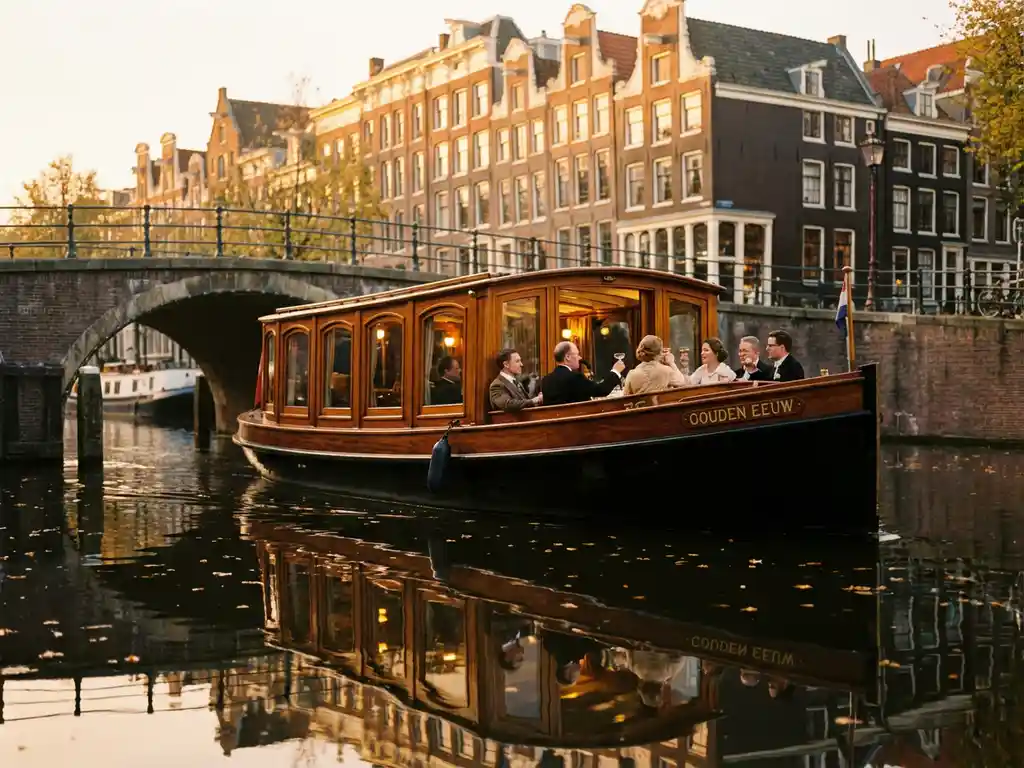 Luxe overdekte salon tjalk uit 1910 vaart door Amsterdamse grachten, gasten dineren achter grote ramen, historische grachtenpanden weerspiegelen in water