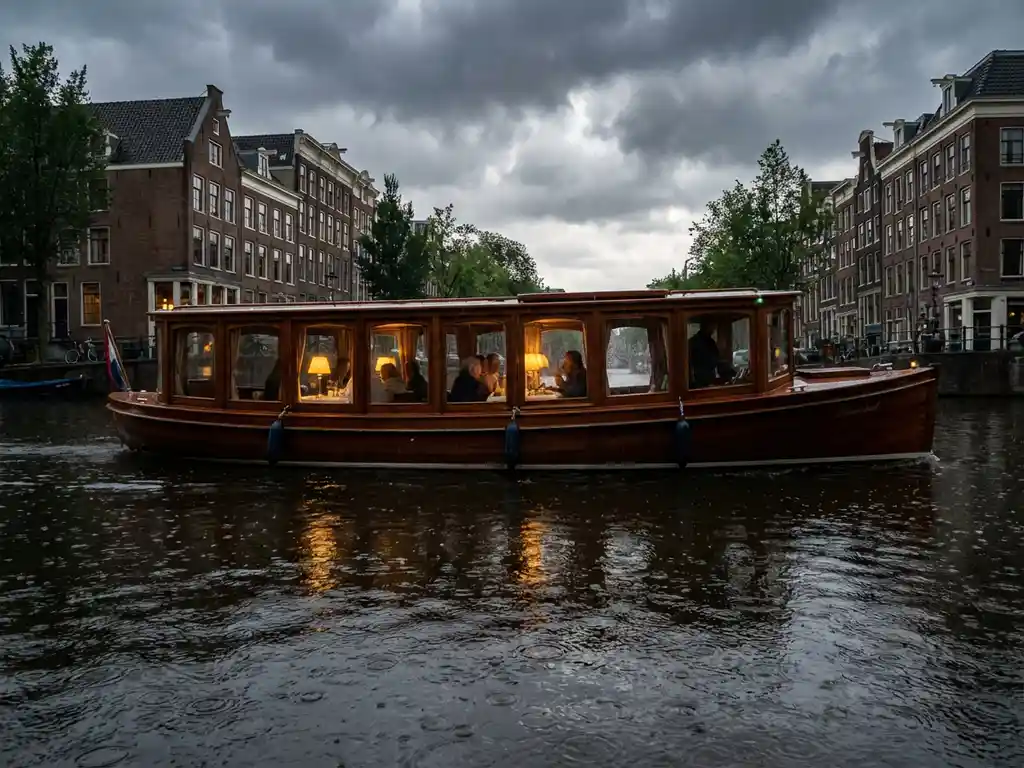 Luxe salonboot met gepolijst hout vaart door smalle Amsterdamse gracht onder donkere stormwolken, gasten dineren binnen