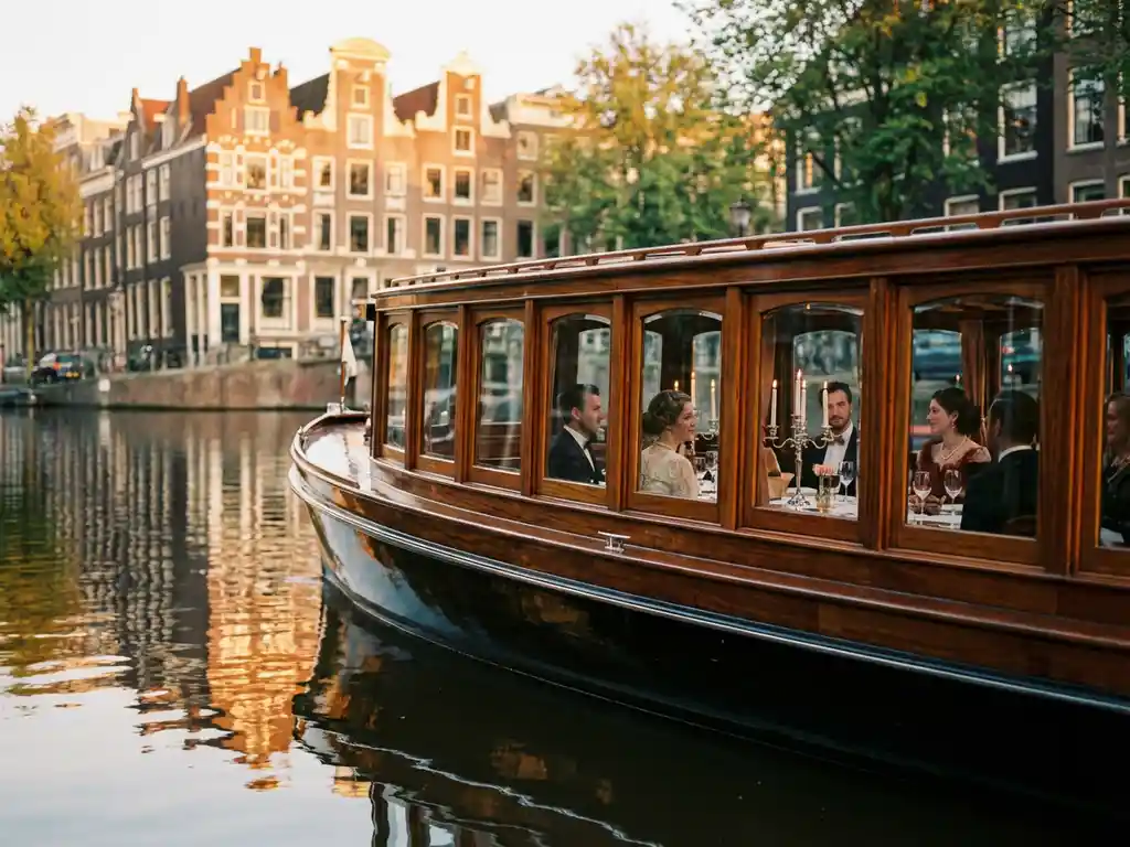 Klassieke overdekte salon tjalk uit 1910 vaart door Amsterdamse grachten met 17e-eeuwse grachtenpanden weerspiegeld in water