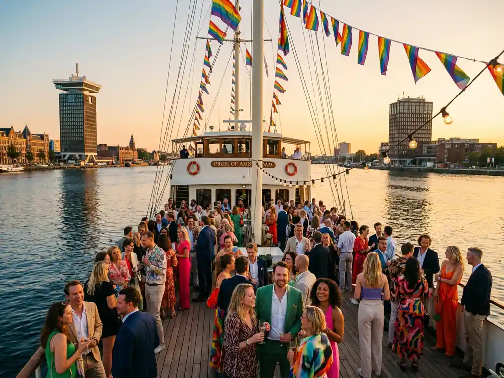 Luxe evenementenschip met regenboogvlaggen en elegante gasten die Pride vieren op het dek, varend op het IJ met Amsterdam skyline op de achtergrond