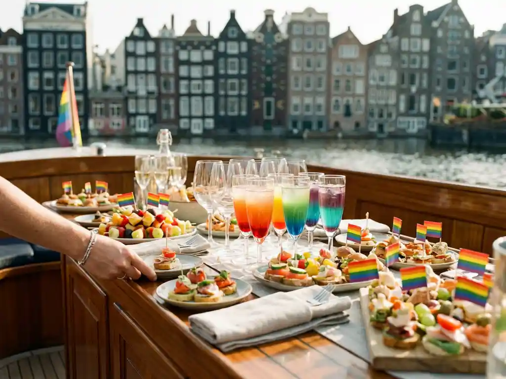 Kleurrijke Pride-catering met regenboogvlaggetjes op luxe Amsterdamse rondvaartboot, historische grachtenhuizen op achtergrond