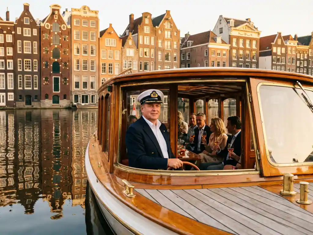 Professionele schipper in wit uniform stuurt luxe salonboot door Amsterdamse grachten met historische grachtenpanden