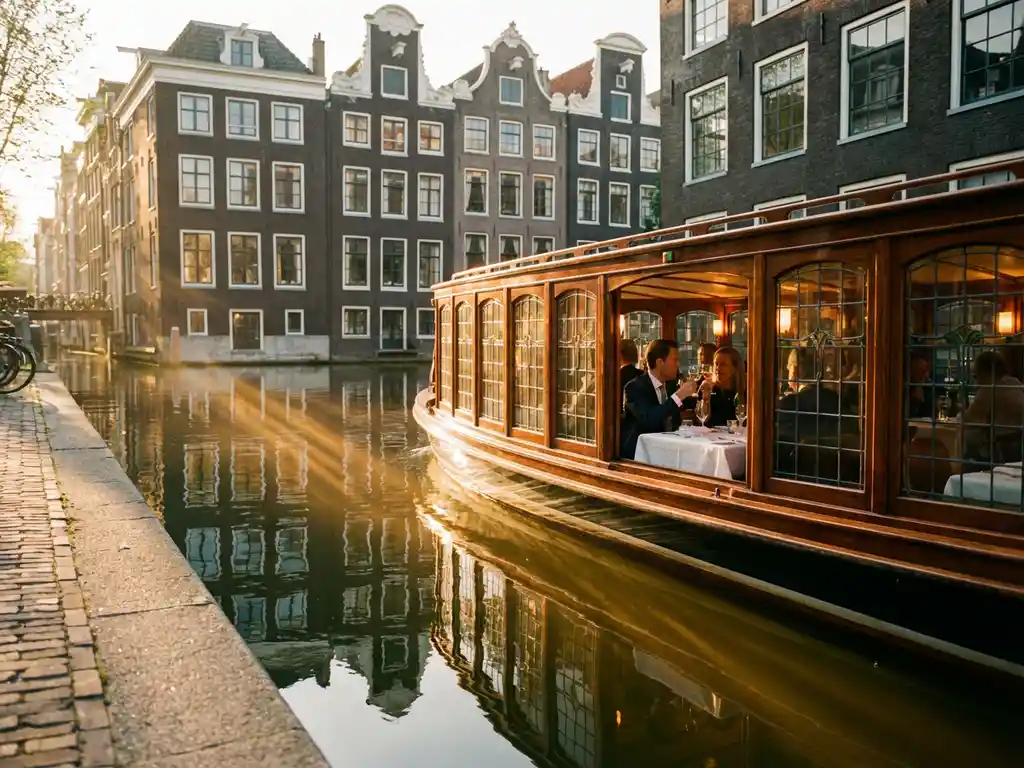 Klassieke overdekte salonboot uit 1910 met gepolijst iroko hout vaart door smalle Amsterdamse gracht bij gouden uurtje