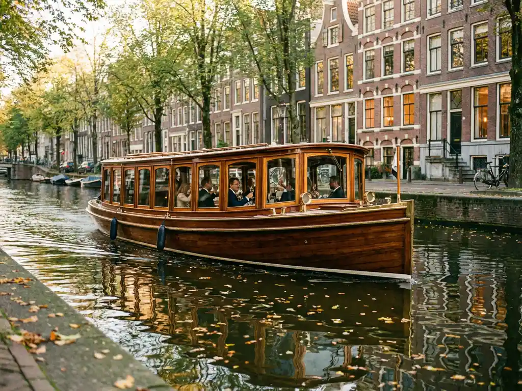 Klassieke overdekte Nederlandse salonboot uit 1910 vaart door Amsterdamse gracht met historische grachtenpanden op achtergrond