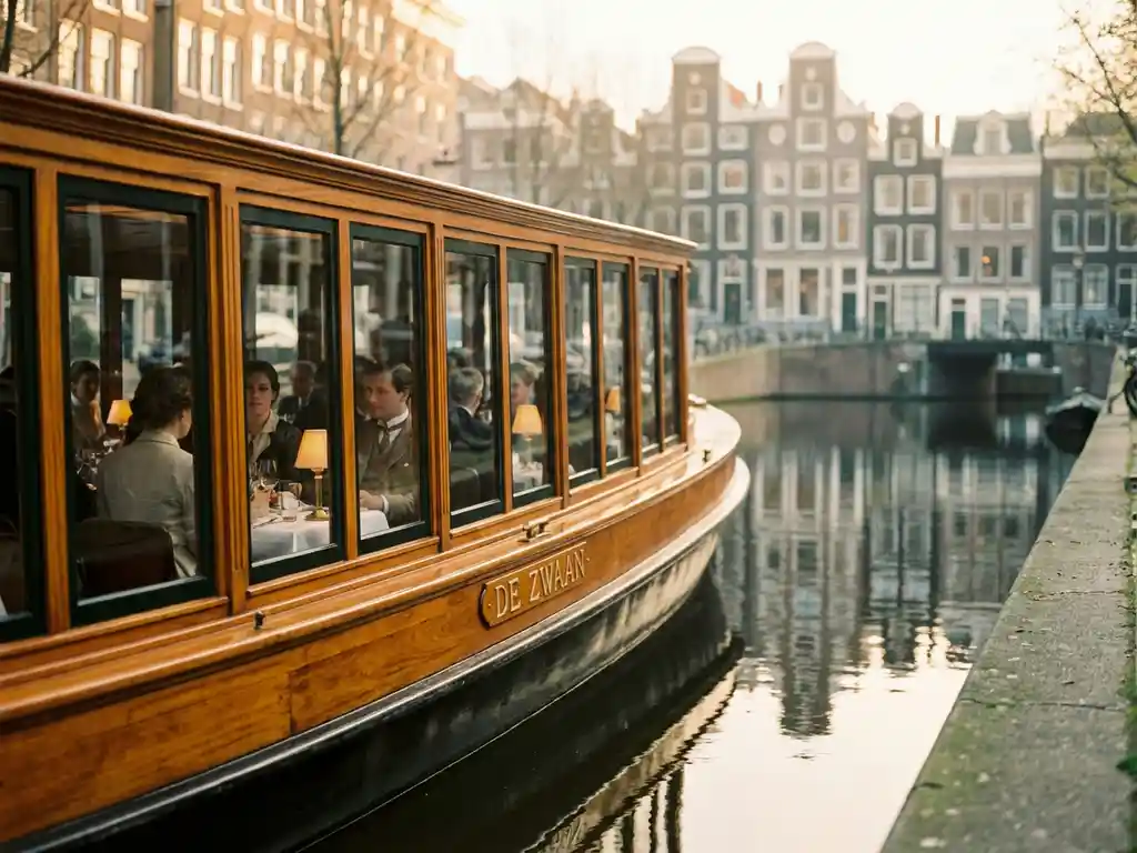 Klassieke overdekte tjalk uit 1910 vaart door smalle Amsterdamse gracht, historische grachtenpanden weerspiegelen in kalm water