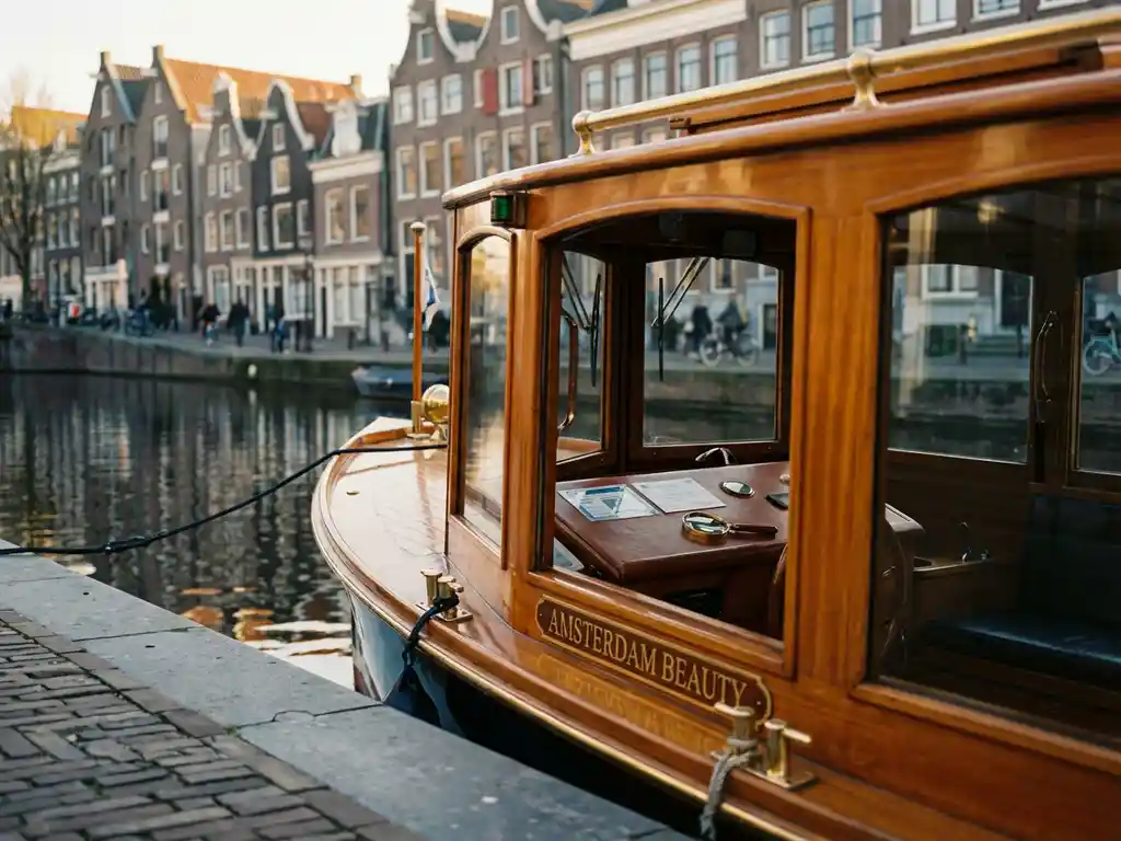 Luxe salonboot met gepolijst iroko hout en messing beslag aangemeerd aan Amsterdamse gracht, vergunningsdocumenten zichtbaar op dashboard