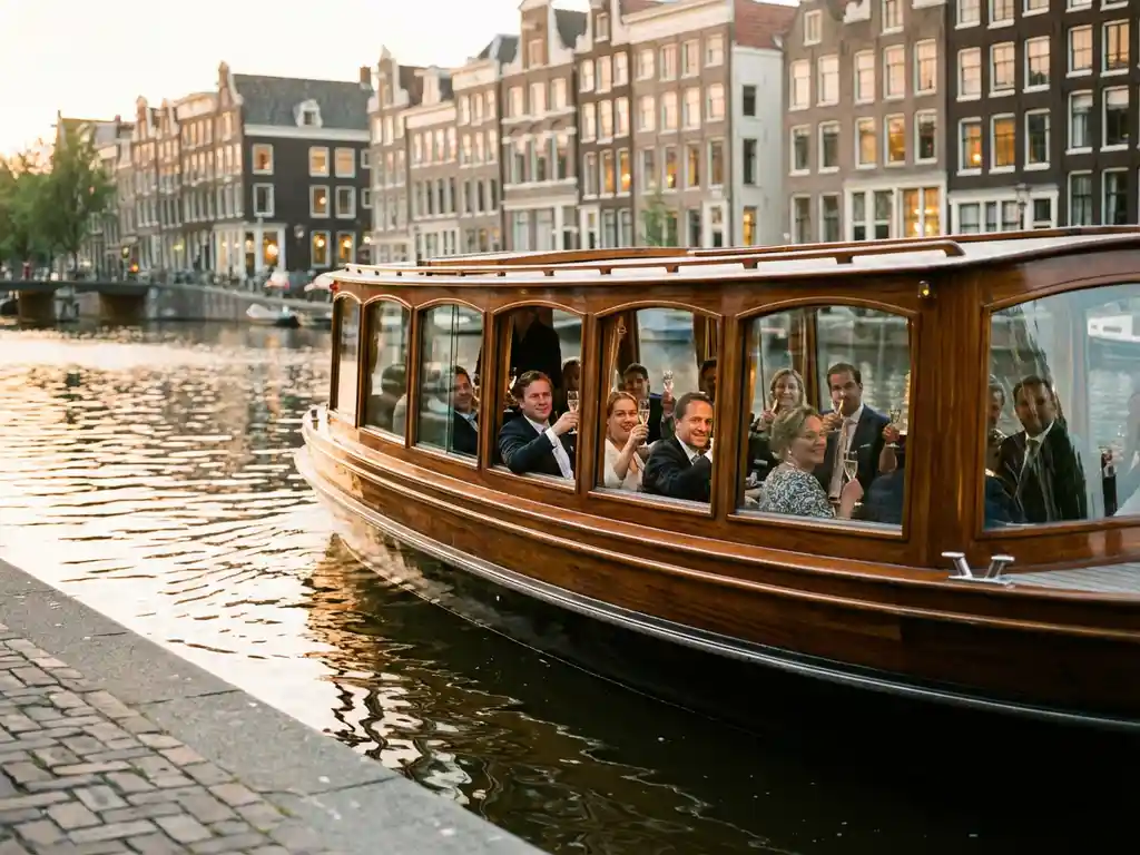Luxueuze salonboot met iroko houten romp vaart door Amsterdamse grachten terwijl gasten champagne heffen bij historische grachtenpanden