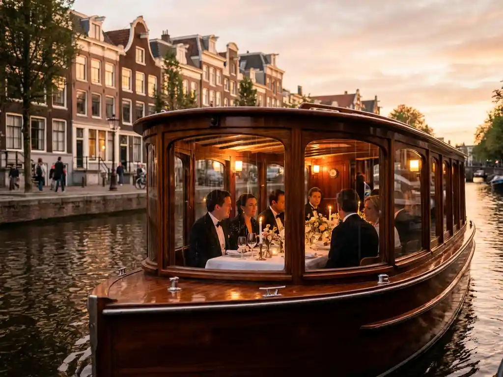 Klassieke Nederlandse salonboot met iroko hout vaart door Amsterdamse grachten, gasten dineren aan elegante tafel