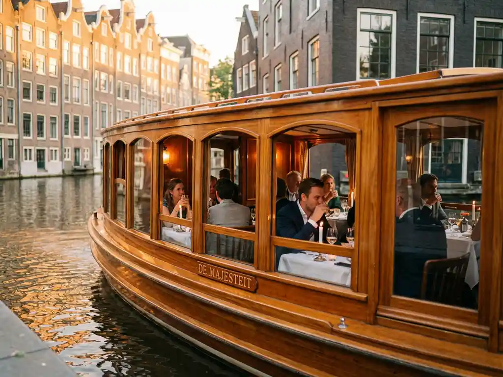 Elegante salonboot vaart door Amsterdamse grachten met gasten aan gedekte tafels, historische grachtenpanden weerspiegelen in kalm water tijdens gouden uur