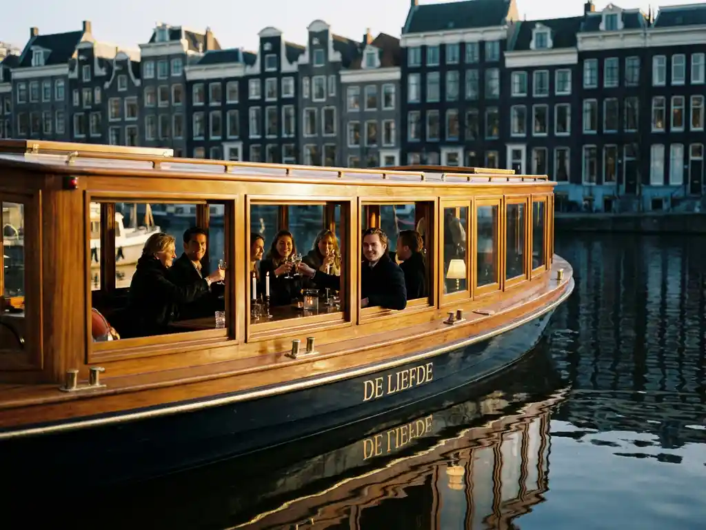 Klassieke Nederlandse salonboot met iroko houten romp vaart door Amsterdamse grachten, gasten dineren bij kaarslicht in glazen salon