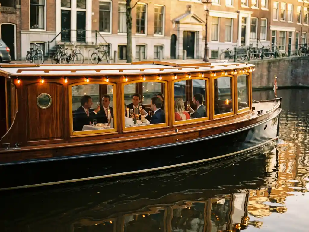 Elegante salonboot met iroko houten buitenkant vaart door Amsterdamse grachten, gasten dineren binnen terwijl 17e-eeuwse grachtenpanden reflecteren op het water