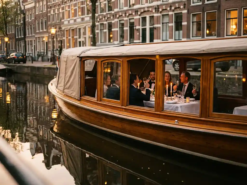 Klassieke overdekte salon tjalk uit 1910 vaart door smalle Amsterdamse grachten met gasten aan gedekte tafel, historische grachtenpanden weerspiegelen in het water
