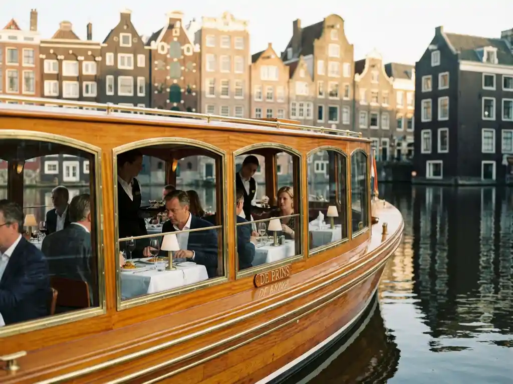 Klassieke Nederlandse salonboot met iroko hout vaart door Amsterdamse gracht, gasten dineren aan boord, historische grachtenpanden weerspiegelen in water