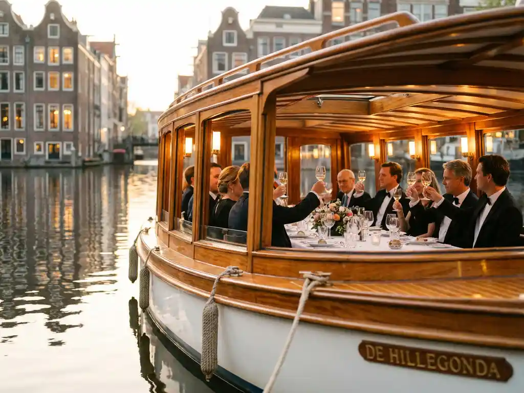 Klassieke Nederlandse salonboot uit 1910 vaart door Amsterdamse grachten met dinerende gasten aan boord tijdens gouden uur