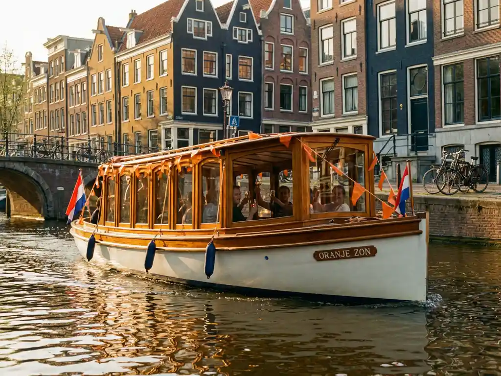 Klassieke Nederlandse salonboot met oranje slingers en vlaggetjes vaart door Amsterdamse grachten met historische grachtenpanden