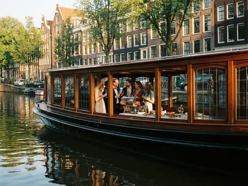 Luxe salonboot met iroko hout vaart door Amsterdamse grachten bij zonsondergang, gasten genieten van barbecue aan boord