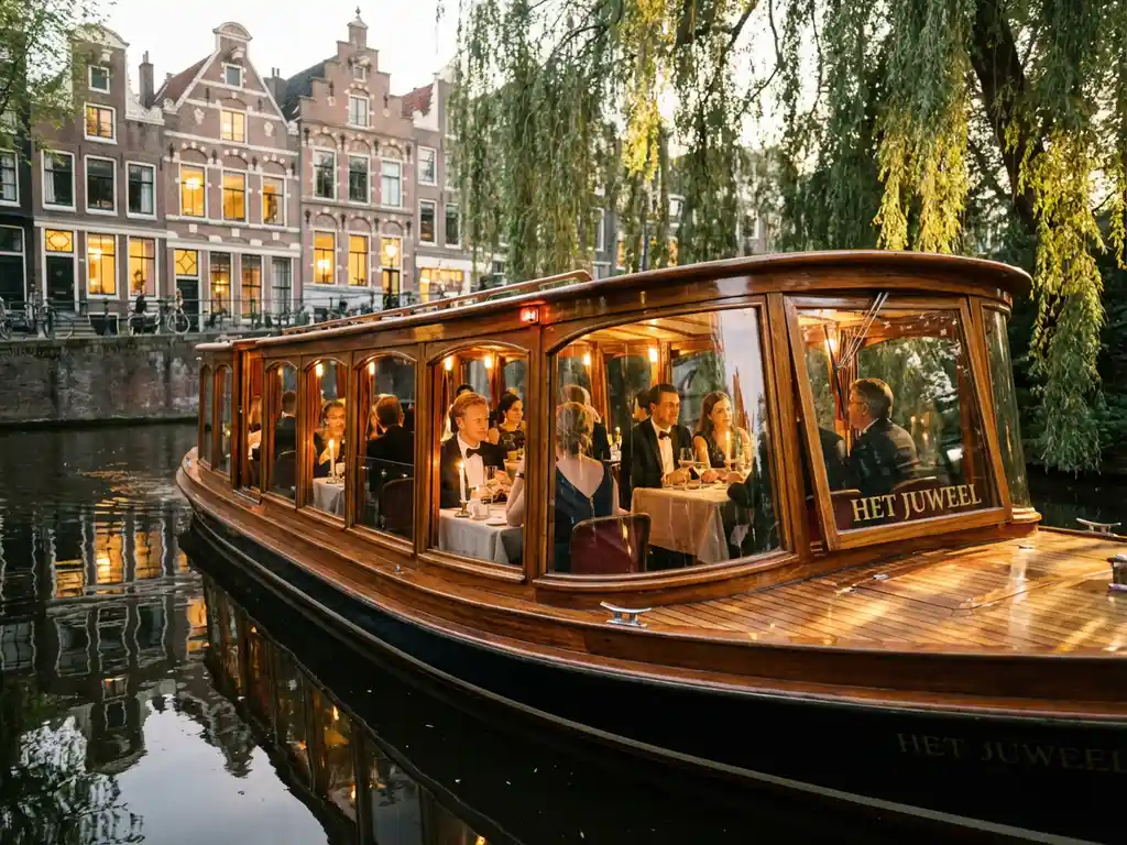 Luxueuze salonboot met iroko houten romp vaart door smalle Amsterdamse gracht, gasten dineren binnen, historische grachtenpanden weerspiegelen in het water