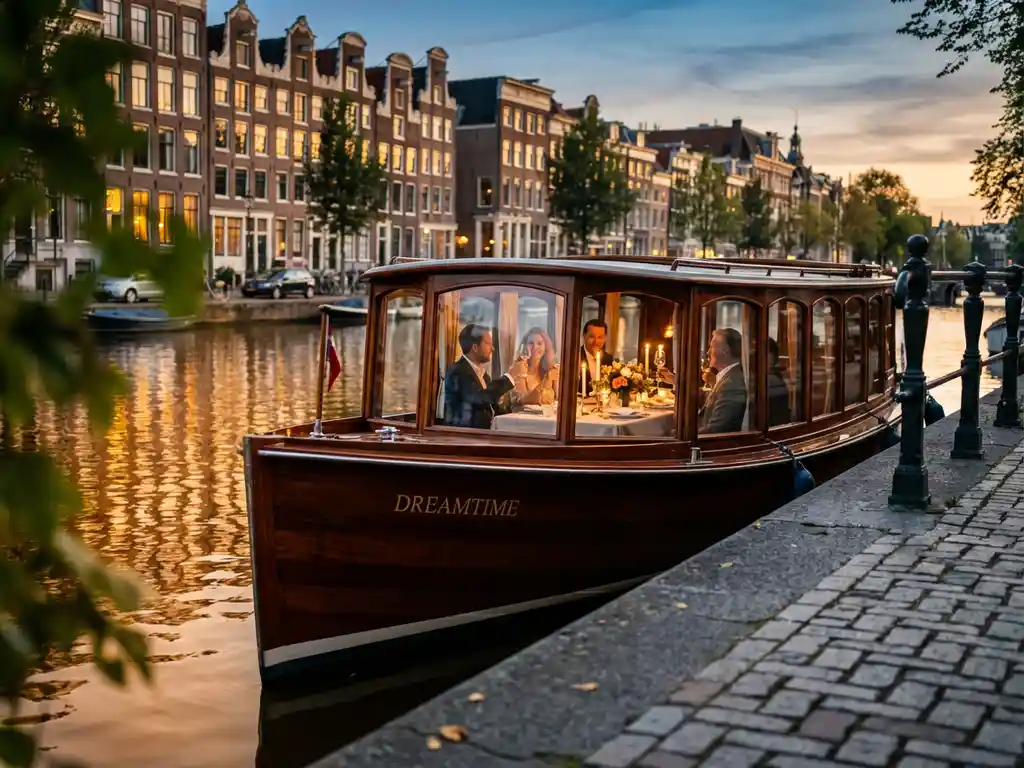 Luxe salonboot met dinerende gasten vaart door Amsterdamse grachten bij zonsondergang, historische grachtenpanden weerspiegelen in het water