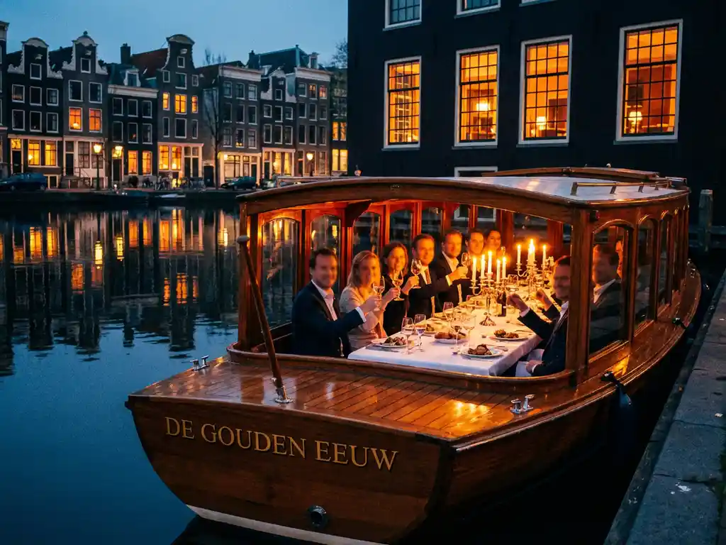 Elegante salonboot met warme verlichting vaart door Amsterdamse gracht, gasten dineren binnen, historische grachtenpanden weerspiegelen in water