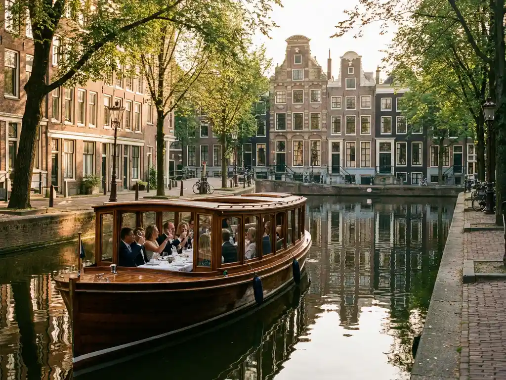 Luxe salonboot met iroko hout vaart door smalle Amsterdamse gracht, gasten dineren binnen, historische grachtenpanden weerspiegelen in water