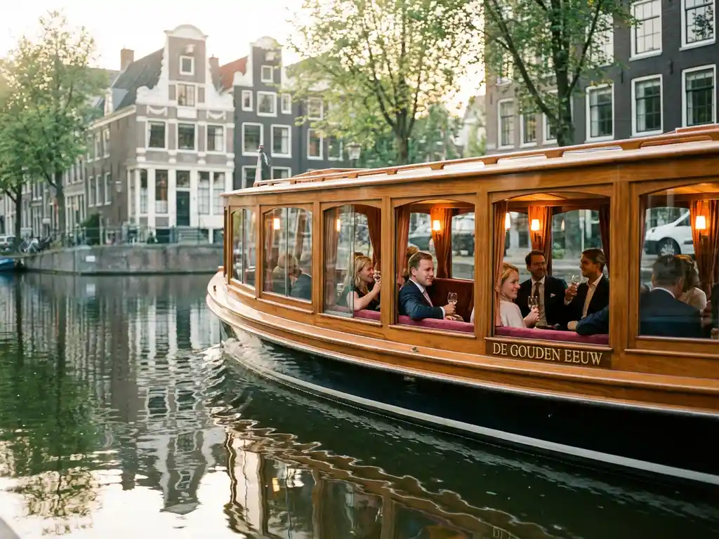 Luxe salonboot met iroko hout vaart door smalle Amsterdamse gracht tussen historische grachtenpanden tijdens gouden uur