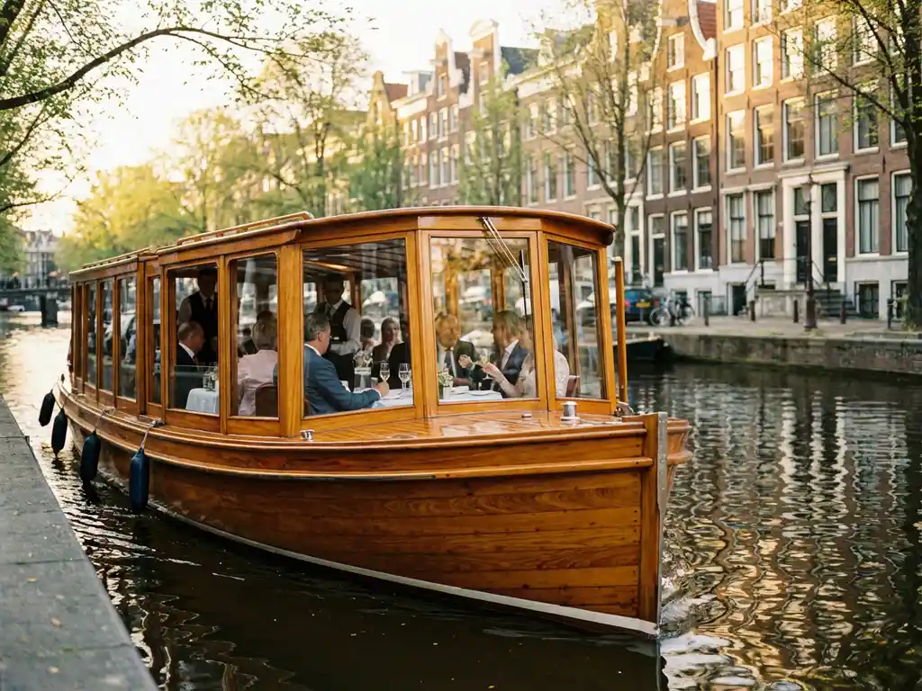 Luxe klassieke salonboot met gepolijst iroko hout vaart door smalle Amsterdamse gracht, gasten dineren binnen, historische grachtenpanden weerspiegelen in water