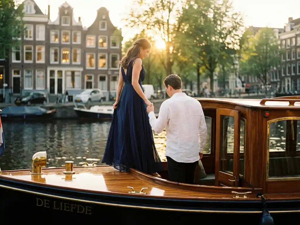 Elegant paar stapt aan boord van klassieke houten salonboot tijdens gouden uur op Amsterdamse gracht