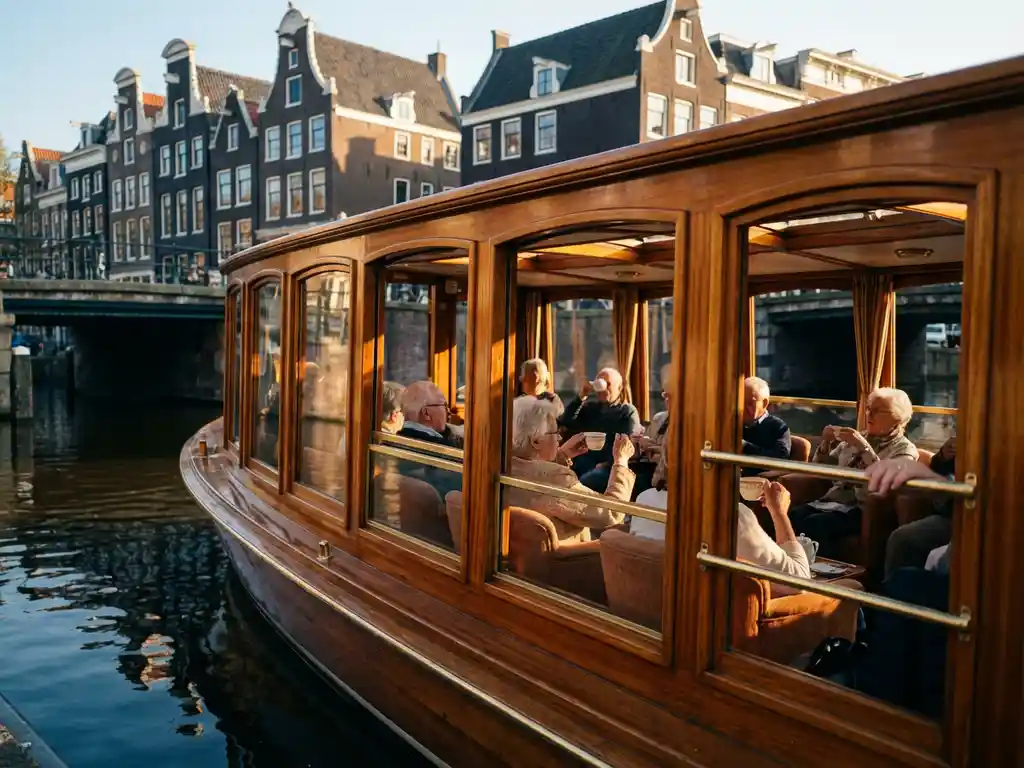 Elegante salonboot met glazen ramen vaart door Amsterdamse grachten met passagiers aan boord, historische grachtenpanden weerspiegeld in water