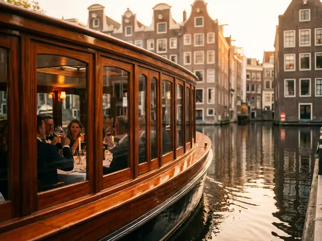 Klassieke overdekte salon tjalk uit 1910 vaart door smalle Amsterdamse gracht, gasten dineren aan boord, historische grachtenpanden weerspiegelen in water