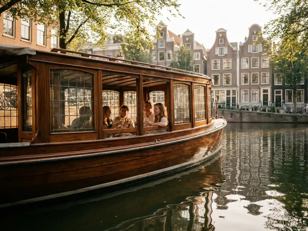 Klassieke overdekte Nederlandse salonboot uit 1910 vaart door smalle Amsterdamse gracht met historische grachtenpanden