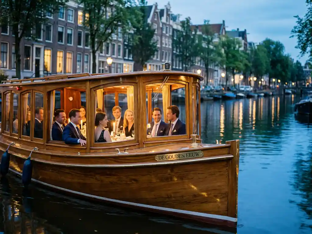Luxe salonboot met iroko hout en messing details vaart door Amsterdamse grachten, zakelijke gasten dineren binnen