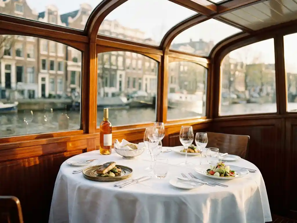 Elegant gedekte tafel aan boord van klassieke Amsterdamse salonboot met kristallen glazen en gastronomische gerechten
