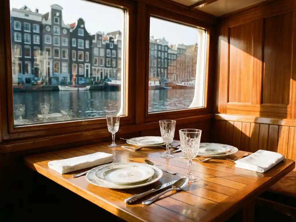 Elegante eettafel met porselein en kristal op teakhouten dek van klassieke Amsterdamse salonboot, historische grachtenpanden weerspiegeld in kalm water