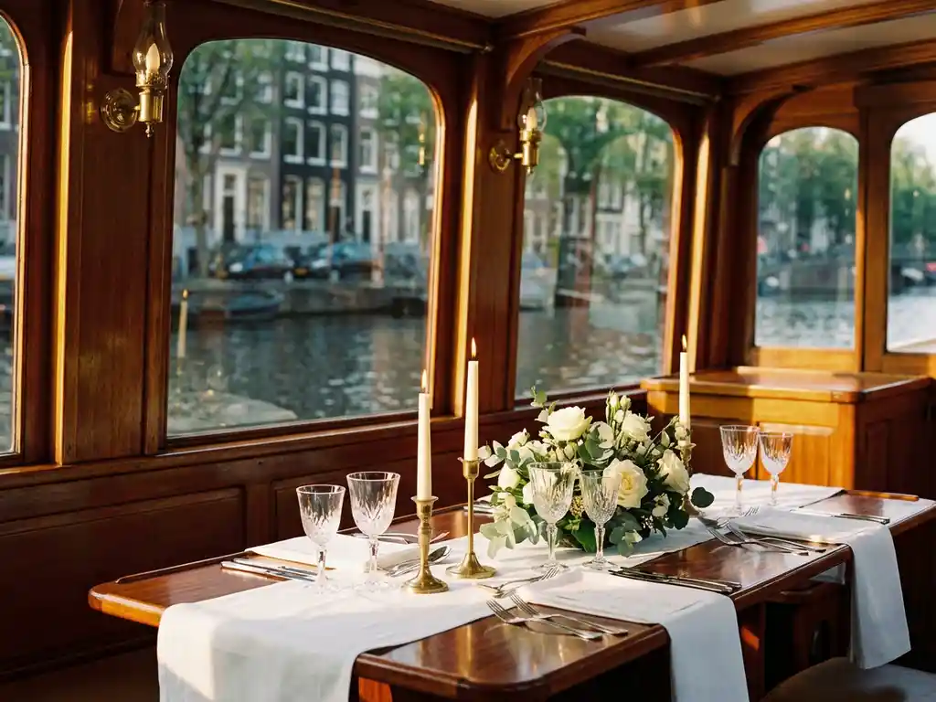 Elegant gedekte eettafel op klassieke Amsterdamse salonboot met kristallen glazen, kaarsen en verse bloemen, grachtenpanden zichtbaar door ramen
