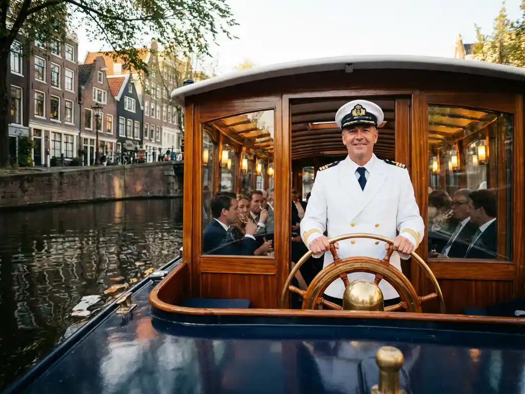 Bootkapitein in wit uniform stuurt klassieke houten salonboot door Amsterdamse grachten met passagiers en historische panden
